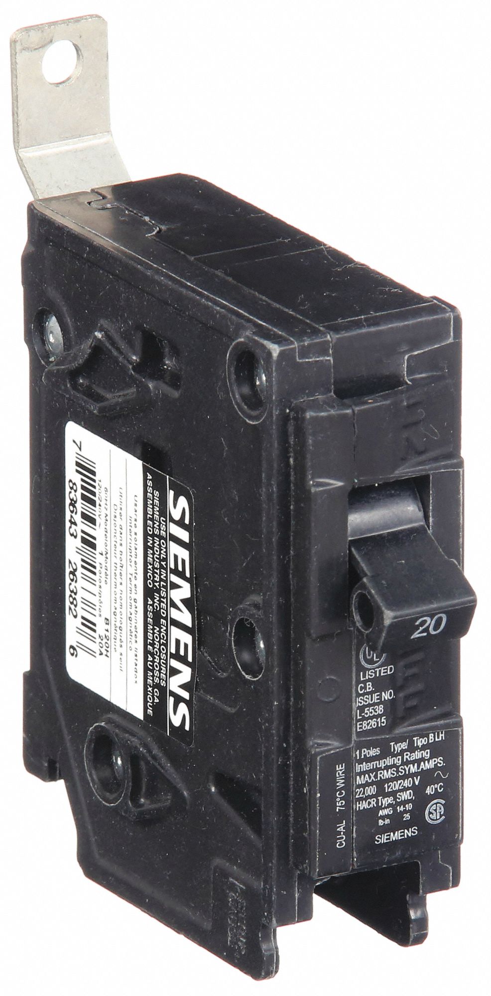 Miniature Circuit Breaker: 20 A Amps, 120/240V AC, 1 Poles, Std