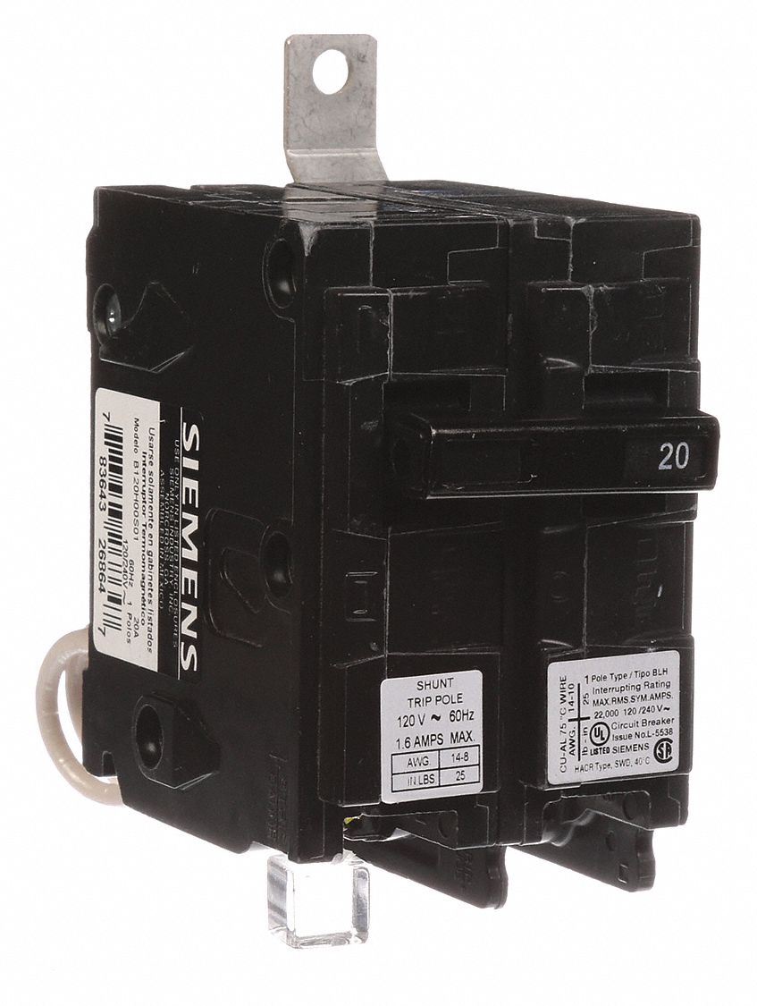 Miniature Circuit Breaker: 20 A Amps, 120/240V AC, 1 Poles, Shunt Trip