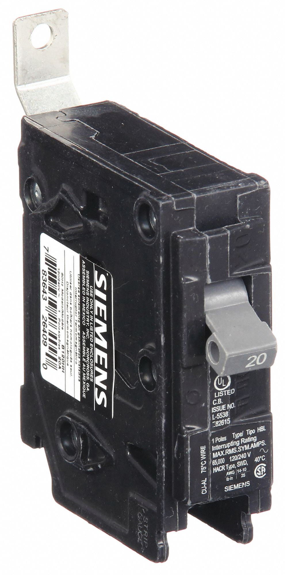 Miniature Circuit Breaker: 20 A Amps, 120/240V AC, 1 Poles, Std