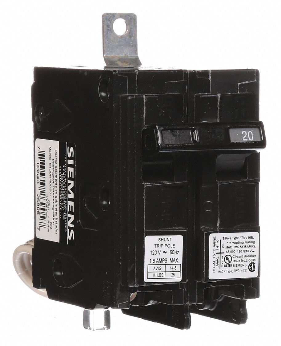 Miniature Circuit Breaker: 20 A Amps, 120/240V AC, 1 Poles, Shunt Trip