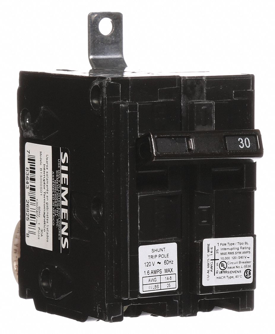 Miniature Circuit Breaker: 30 A Amps, 120/240V AC, 1 Poles, Shunt Trip
