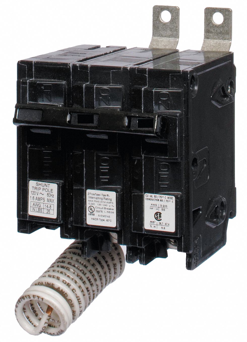 Miniature Circuit Breaker: 50 A Amps, 120/240V AC, 2 Poles, Shunt Trip
