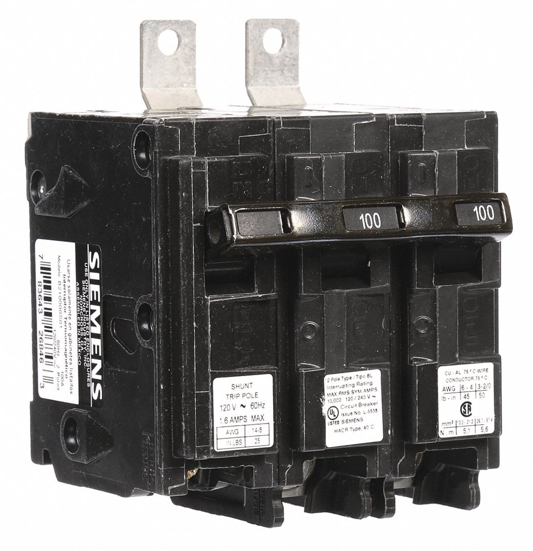 Miniature Circuit Breaker: 100 A Amps, 120/240V AC, 2 Poles, Shunt Trip