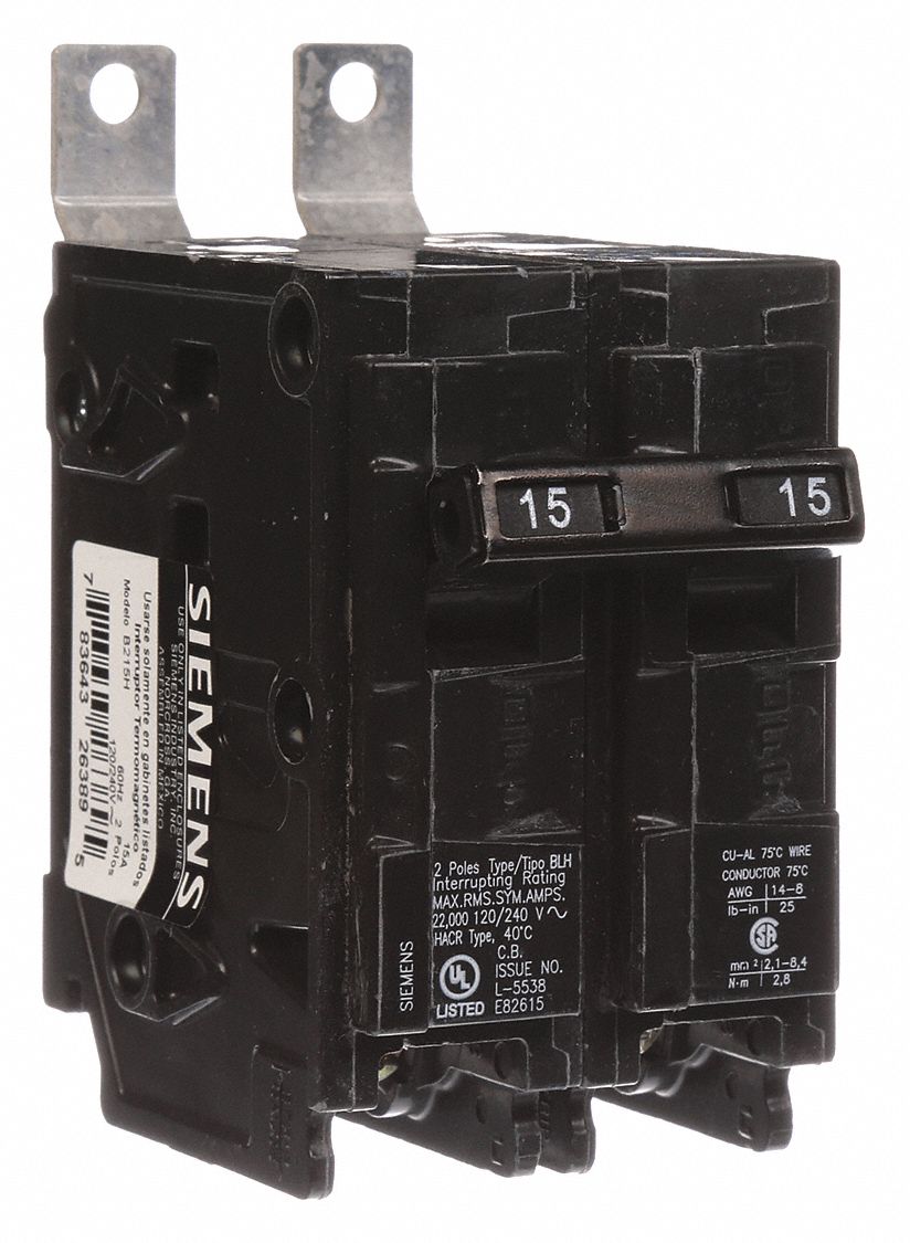 Miniature Circuit Breaker: 15 A Amps, 120/240V AC, 2 Poles, Std