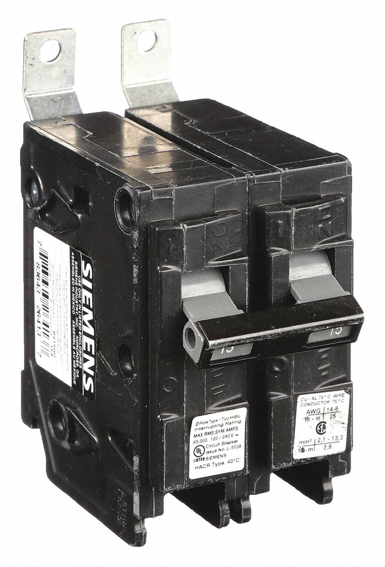 Miniature Circuit Breaker: 15 A Amps, 120/240V AC, 2 Poles, Std