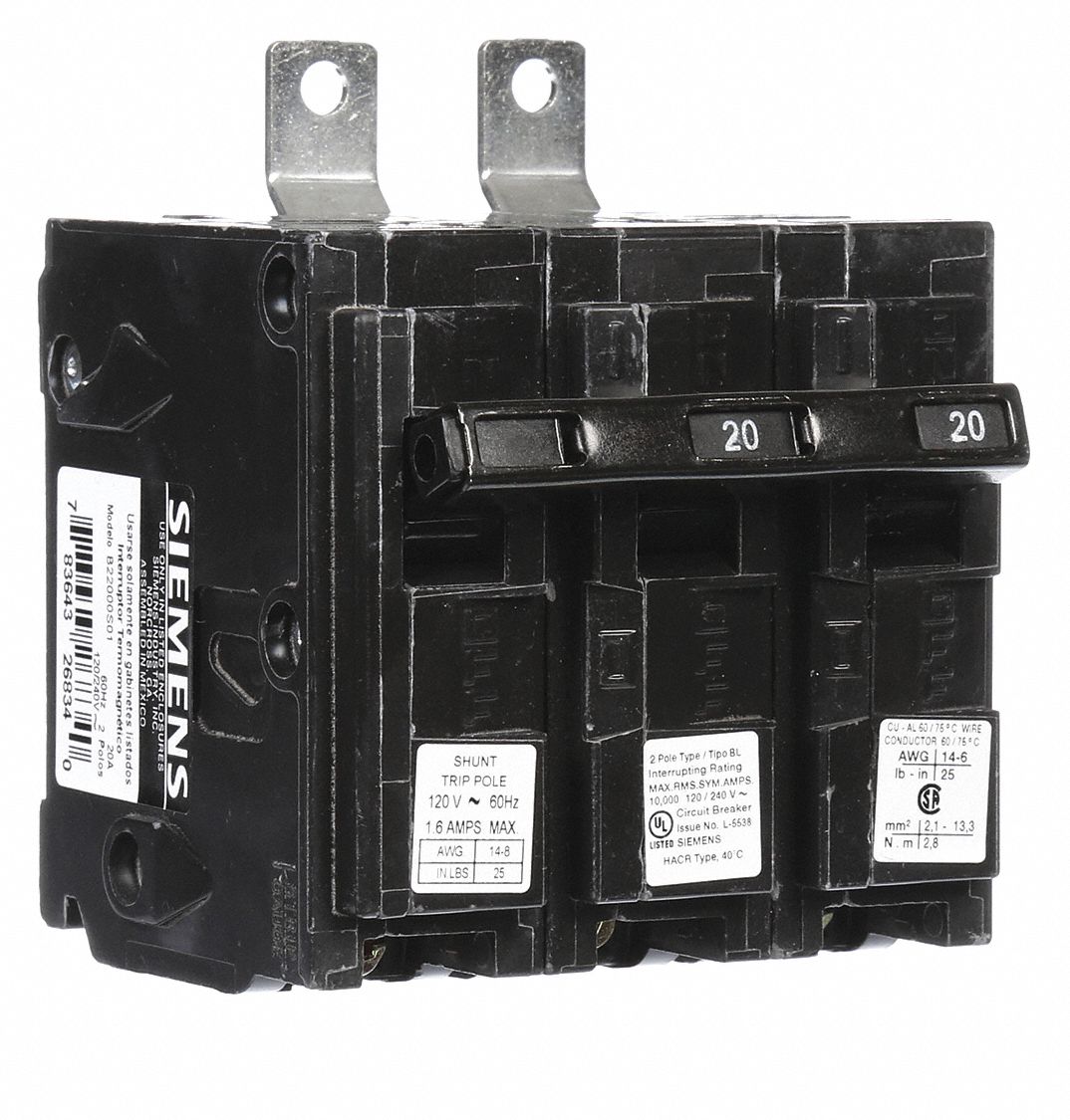 Miniature Circuit Breaker: 20 A Amps, 120/240V AC, 2 Poles, Shunt Trip