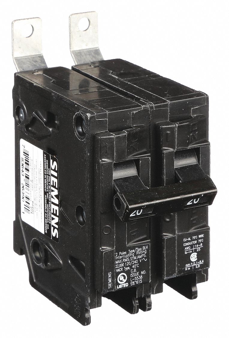 Miniature Circuit Breaker: 20 A Amps, 120/240V AC, 2 Poles, Std