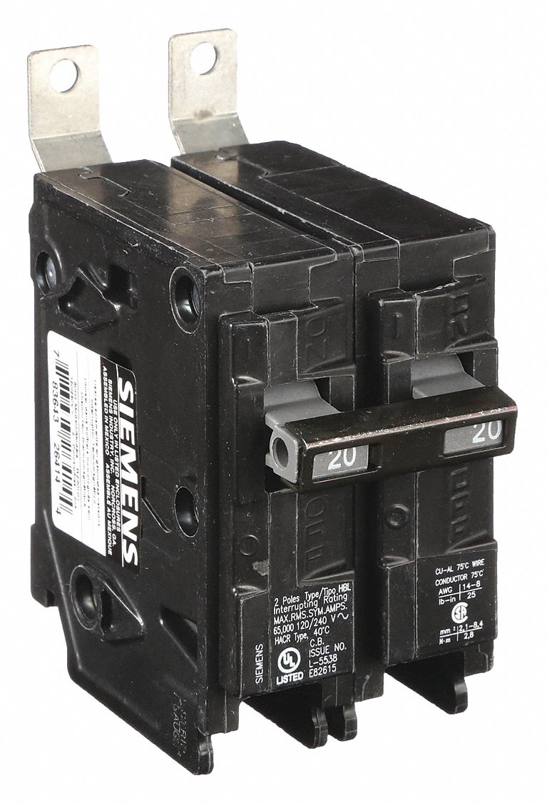 Miniature Circuit Breaker: 20 A Amps, 120/240V AC, 2 Poles, Std