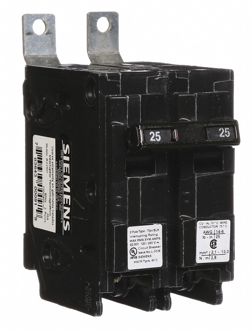 Miniature Circuit Breaker: 25 A Amps, 120/240V AC, 2 Poles, Std