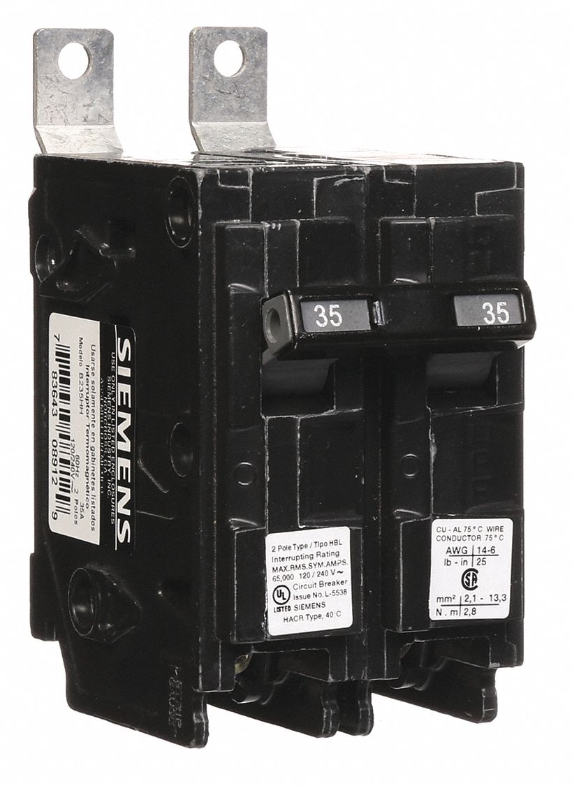 Miniature Circuit Breaker: 35 A Amps, 120/240V AC, 2 Poles, Std