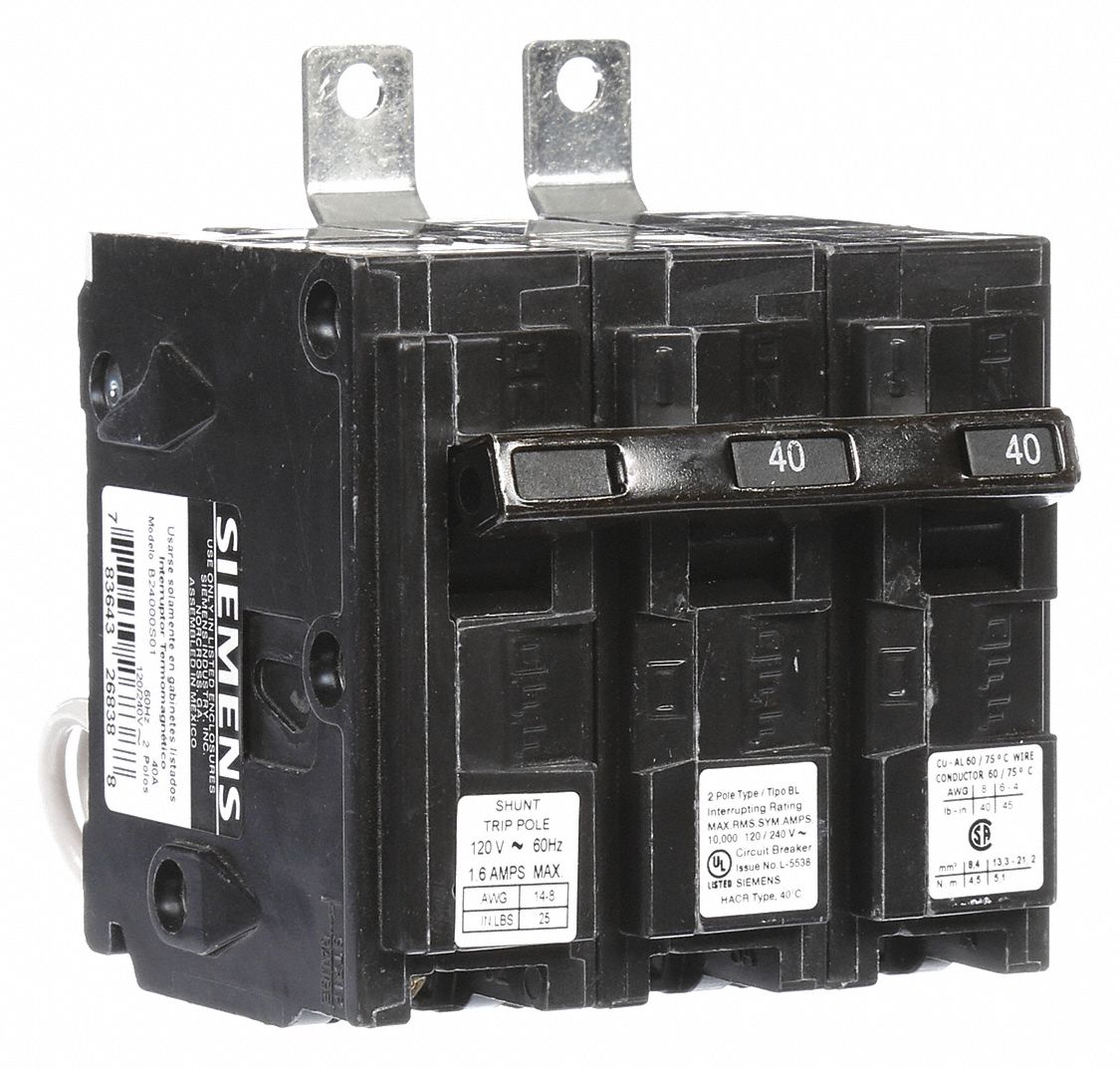 Miniature Circuit Breaker: 40 A Amps, 120/240V AC, 2 Poles, Shunt Trip