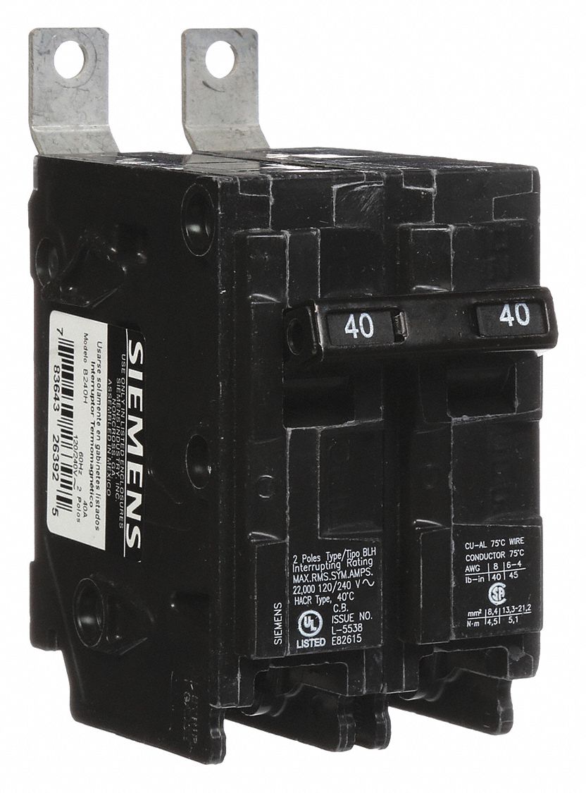 Miniature Circuit Breaker: 40 A Amps, 120/240V AC, 2 Poles, Std