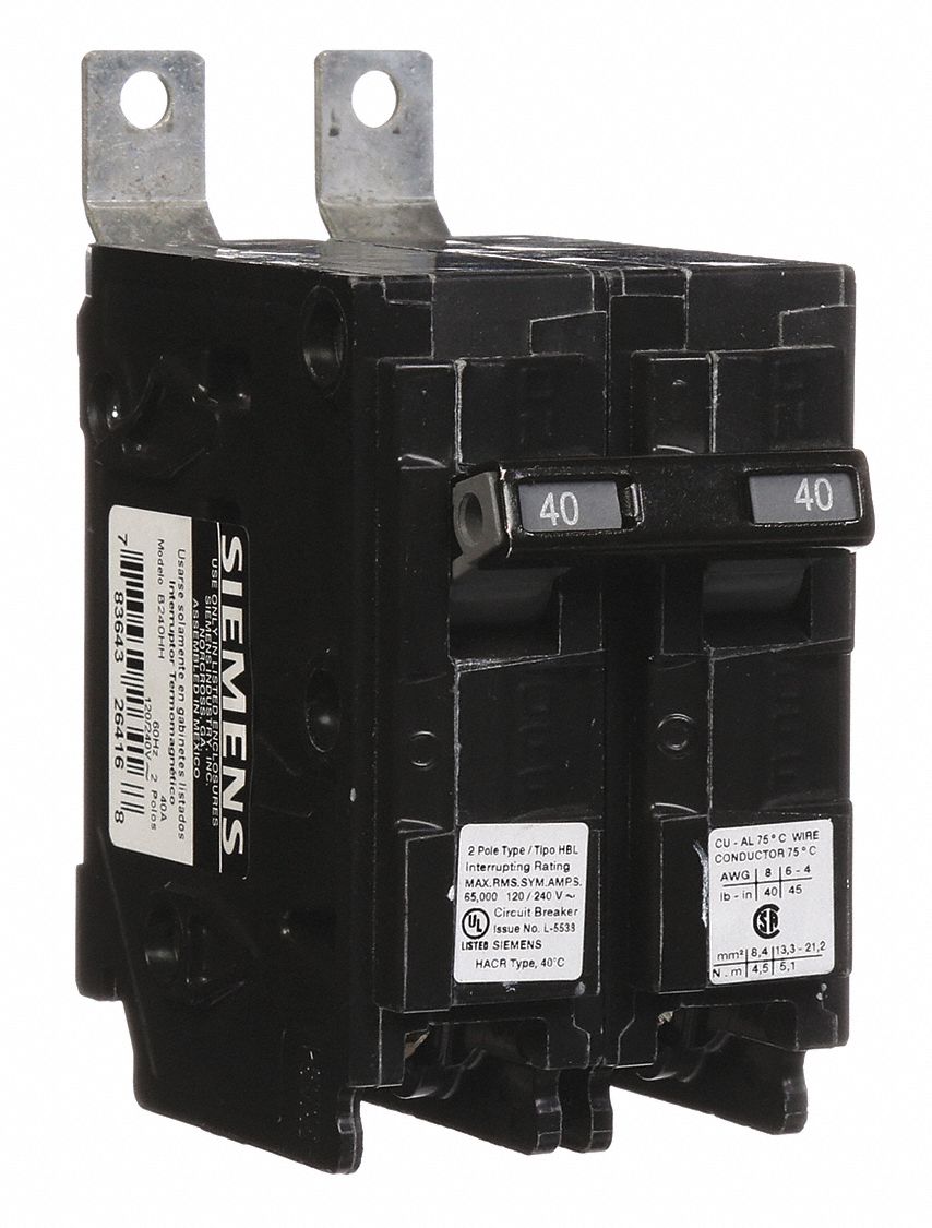 Miniature Circuit Breaker: 40 A Amps, 120/240V AC, 2 Poles, Std
