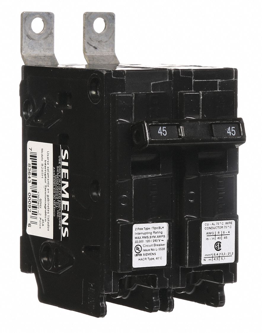 Miniature Circuit Breaker: 45 A Amps, 120/240V AC, 2 Poles, Std