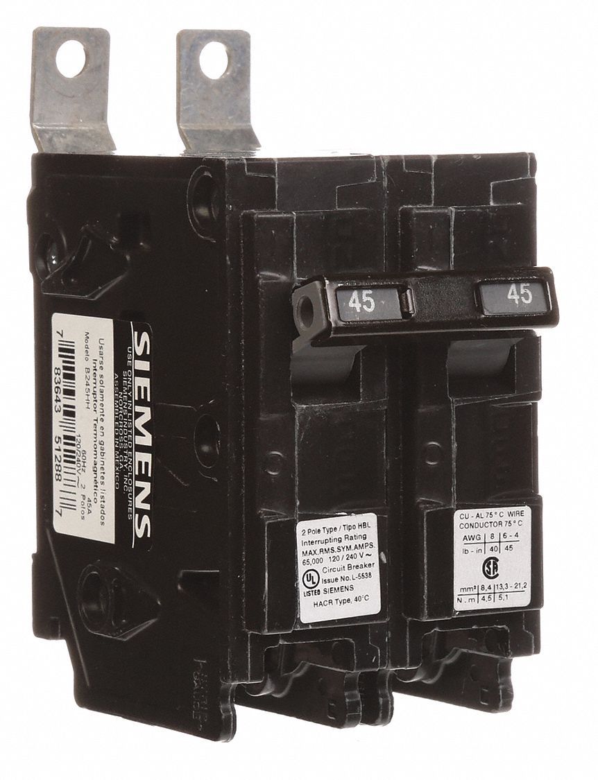 Miniature Circuit Breaker: 45 A Amps, 120/240V AC, 2 Poles, Std
