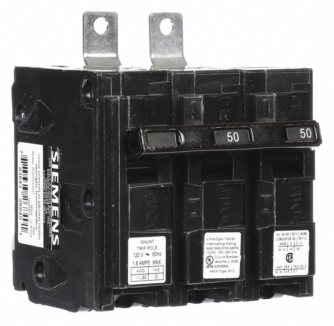 Miniature Circuit Breaker: 50 A Amps, 120/240V AC, 2 Poles, Shunt Trip