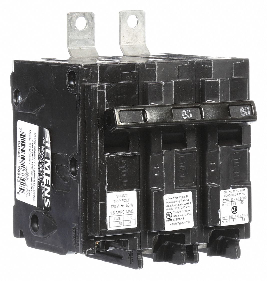 Miniature Circuit Breaker: 60 A Amps, 120/240V AC, 2 Poles, Shunt Trip