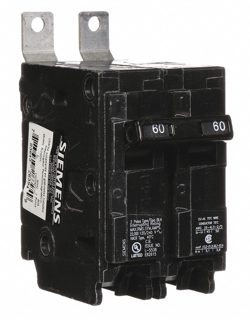 Miniature Circuit Breaker: 60 A Amps, 120/240V AC, 2 Poles, Std