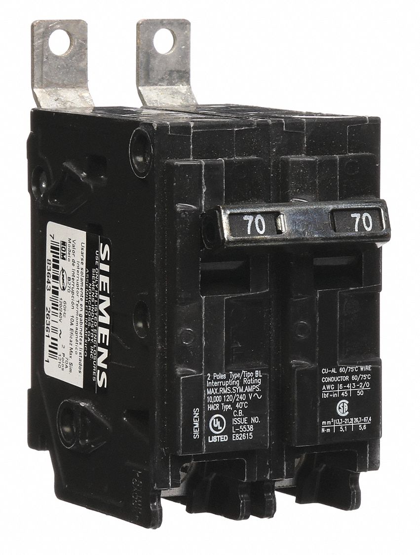 Miniature Circuit Breaker: 70 A Amps, 120/240V AC, 2 Poles, Std