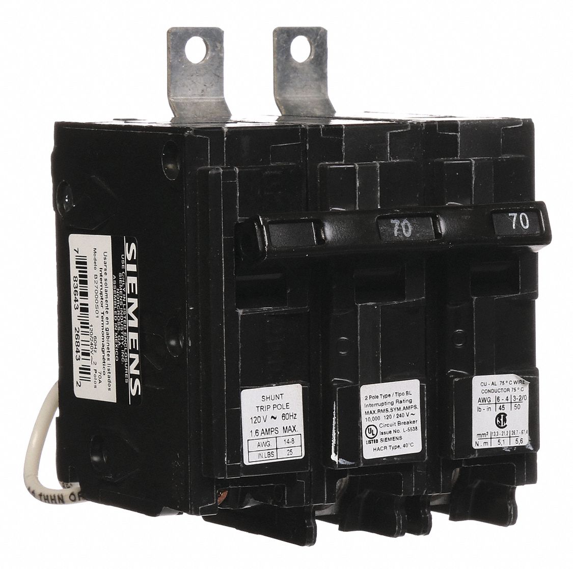 Miniature Circuit Breaker: 70 A Amps, 120/240V AC, 2 Poles, Shunt Trip