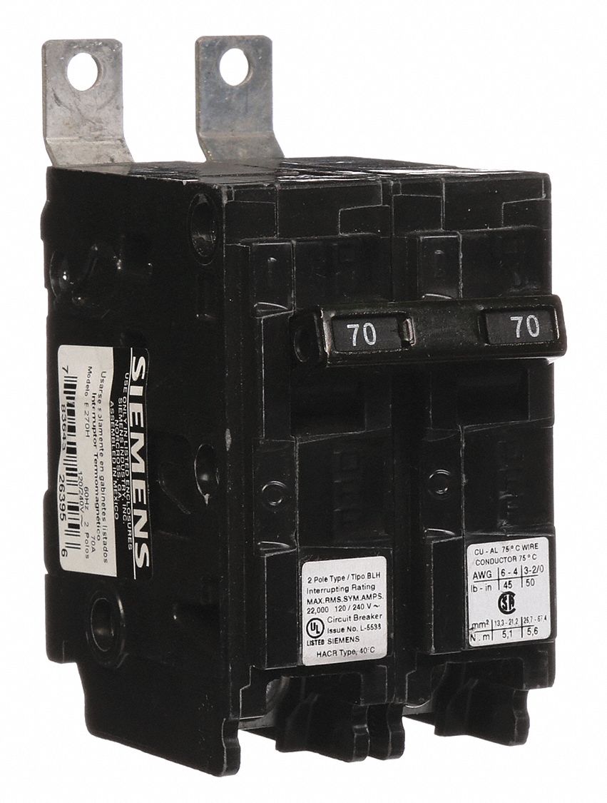 Miniature Circuit Breaker: 70 A Amps, 120/240V AC, 2 Poles, Std