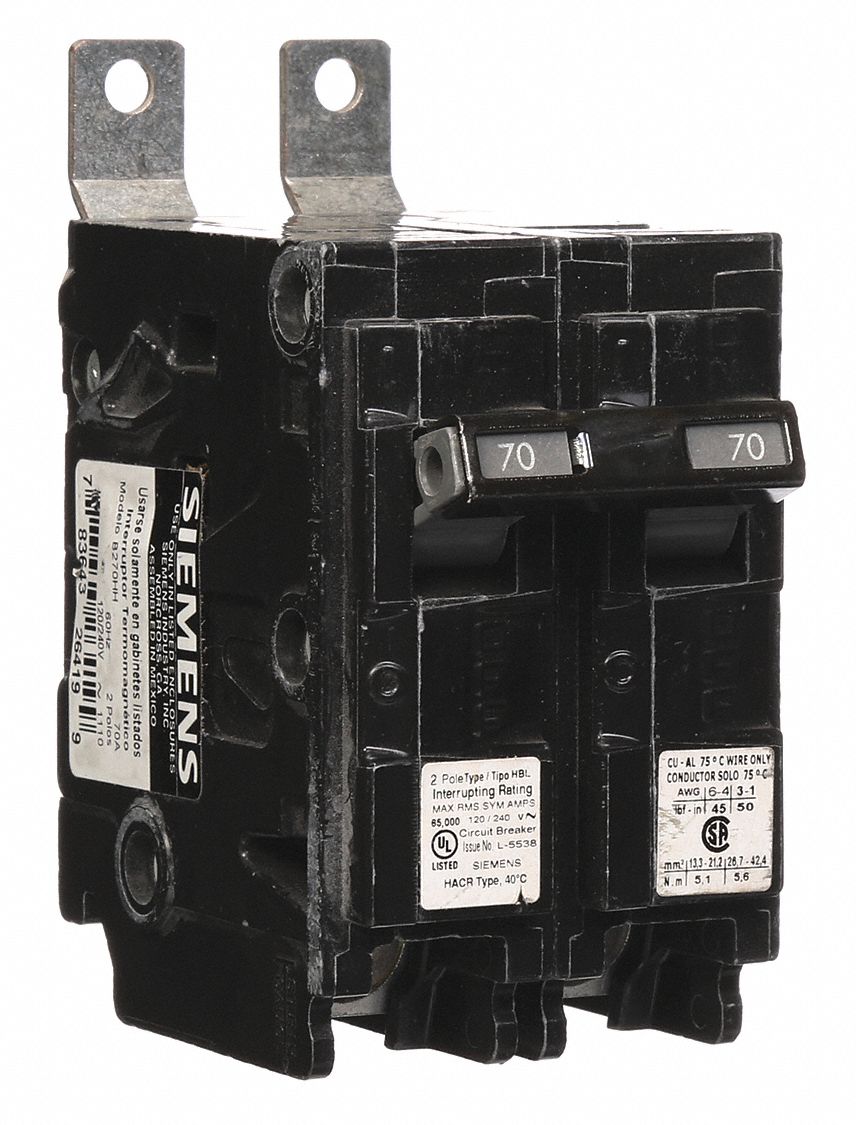 Miniature Circuit Breaker: 70 A Amps, 120/240V AC, 2 Poles, Std
