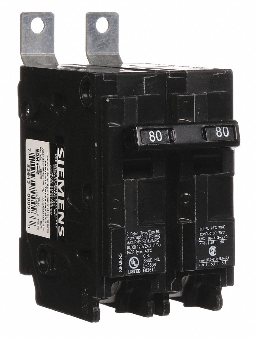 Miniature Circuit Breaker: 80 A Amps, 120/240V AC, 2 Poles, Std
