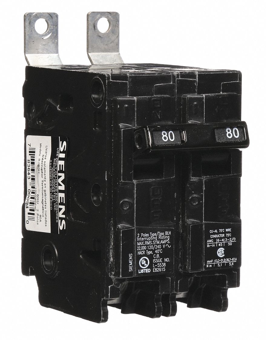 Miniature Circuit Breaker: 80 A Amps, 120/240V AC, 2 Poles, Std