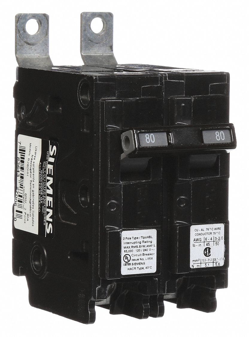 Miniature Circuit Breaker: 80 A Amps, 120/240V AC, 2 Poles, Std