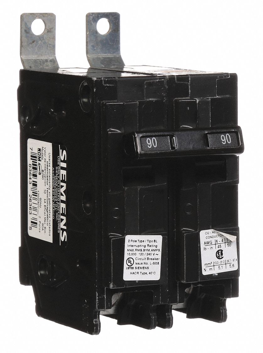 Miniature Circuit Breaker: 90 A Amps, 120/240V AC, 2 Poles, Std
