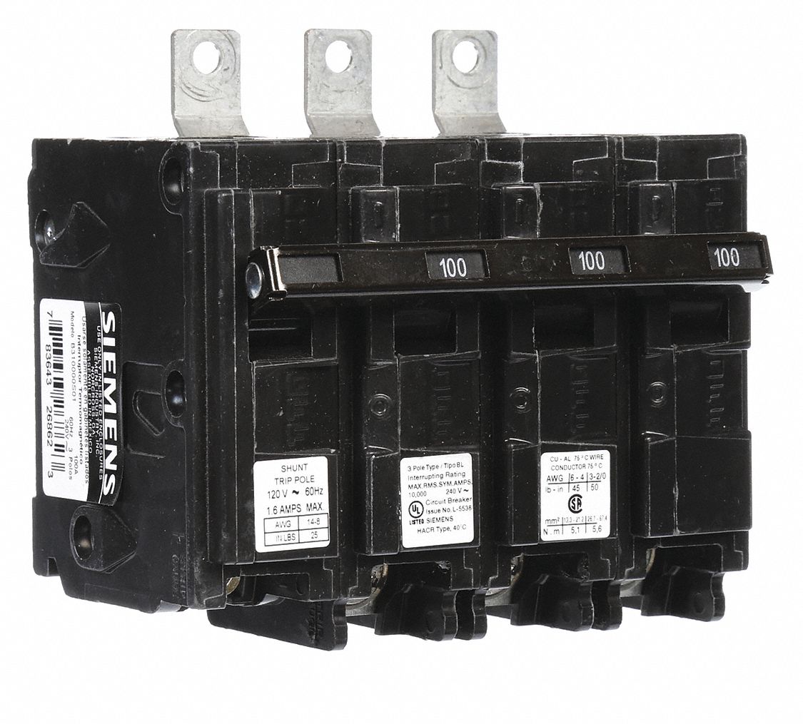 Miniature Circuit Breaker: 100 A Amps, 120/240V AC, 3 Poles, Shunt Trip