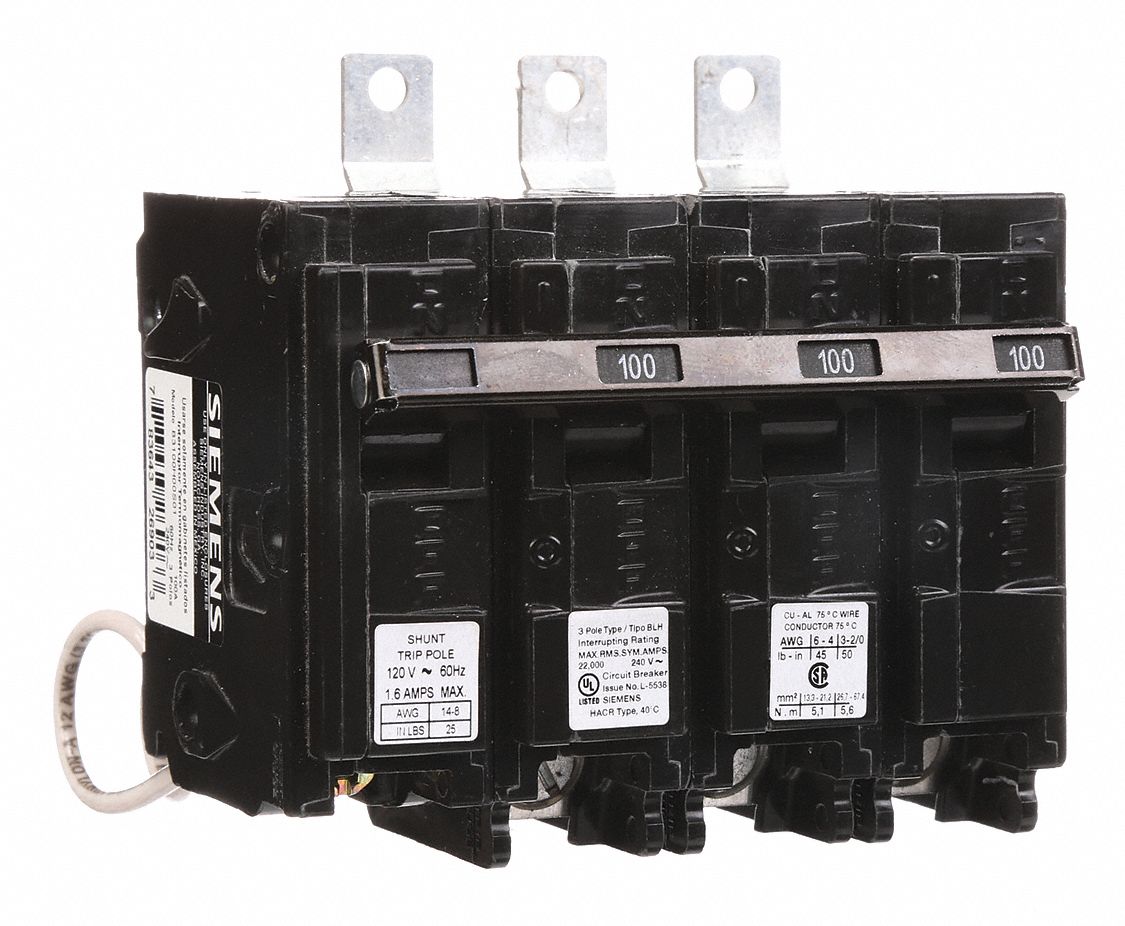 Miniature Circuit Breaker: 100 A Amps, 120/240V AC, 3 Poles, Shunt Trip