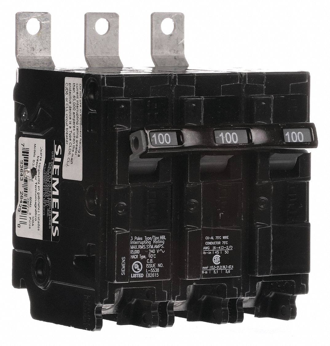 Miniature Circuit Breaker: 100 A Amps, 240V AC, 3 Poles, Std