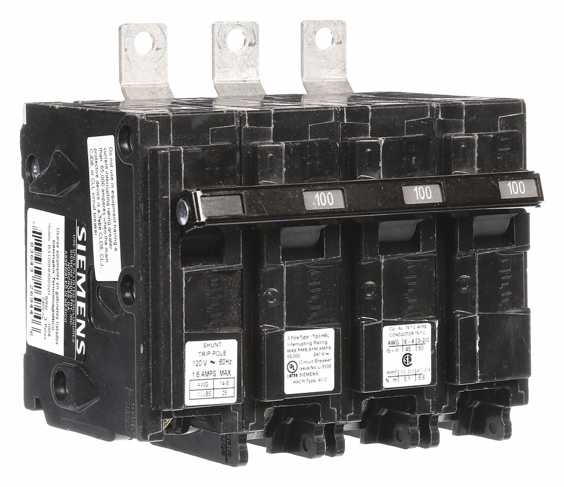 Miniature Circuit Breaker: 100 A Amps, 120/240V AC, 3 Poles, Shunt Trip