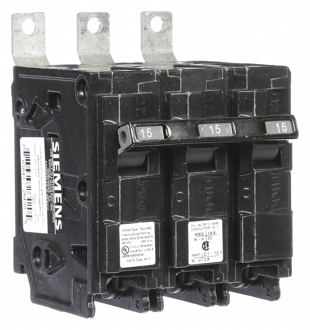 Miniature Circuit Breaker: 15 A Amps, 240V AC, 3 Poles, Std