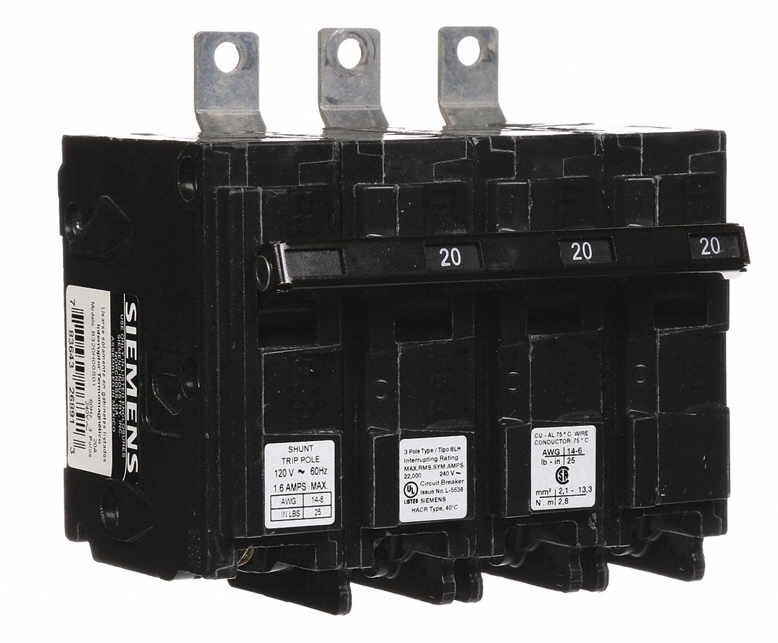 Miniature Circuit Breaker: 20 A Amps, 120/240V AC, 3 Poles, Shunt Trip