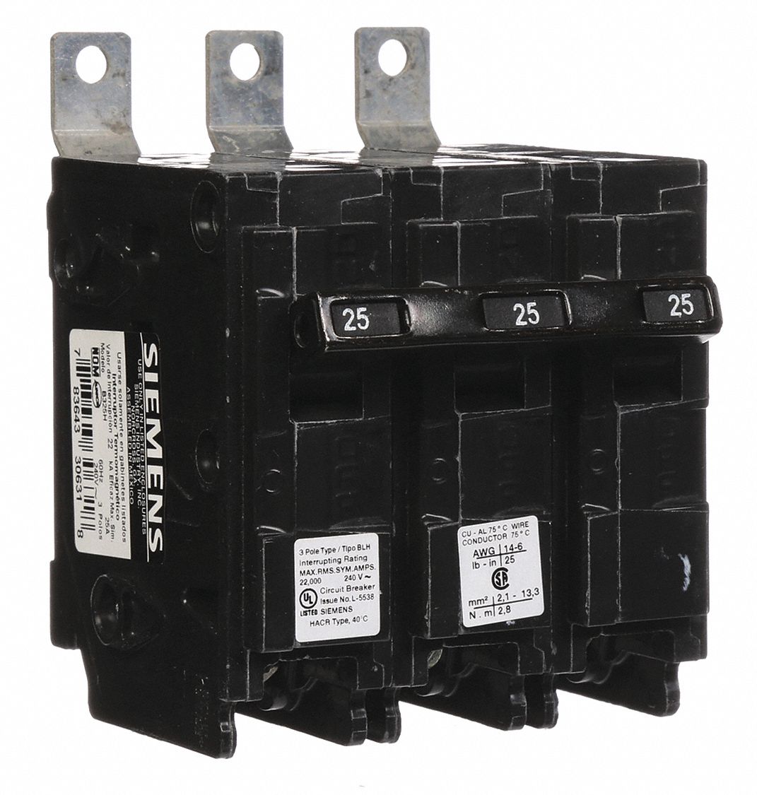 Miniature Circuit Breaker: 25 A Amps, 240V AC, 3 Poles, Std