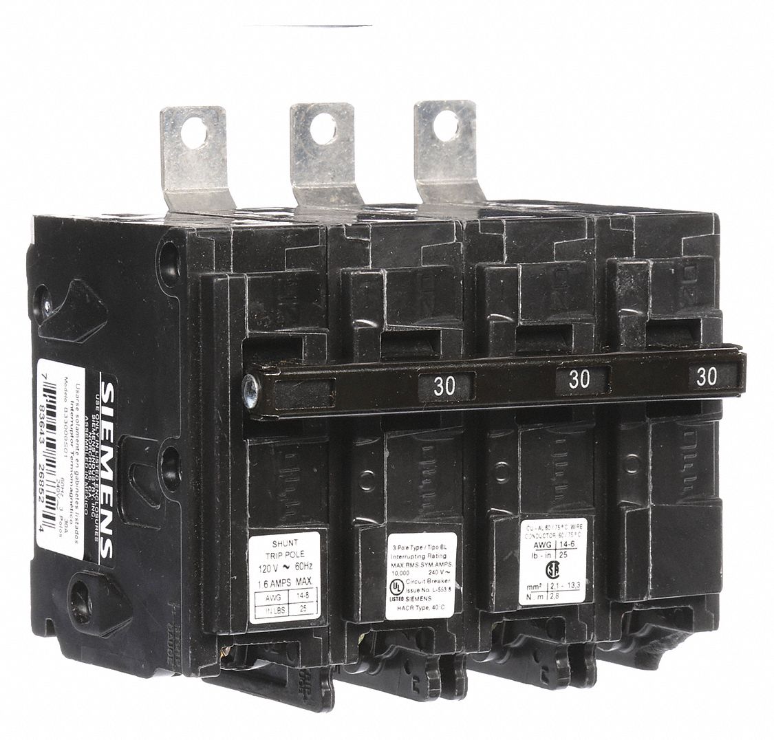 Miniature Circuit Breaker: 30 A Amps, 120/240V AC, 3 Poles, Shunt Trip