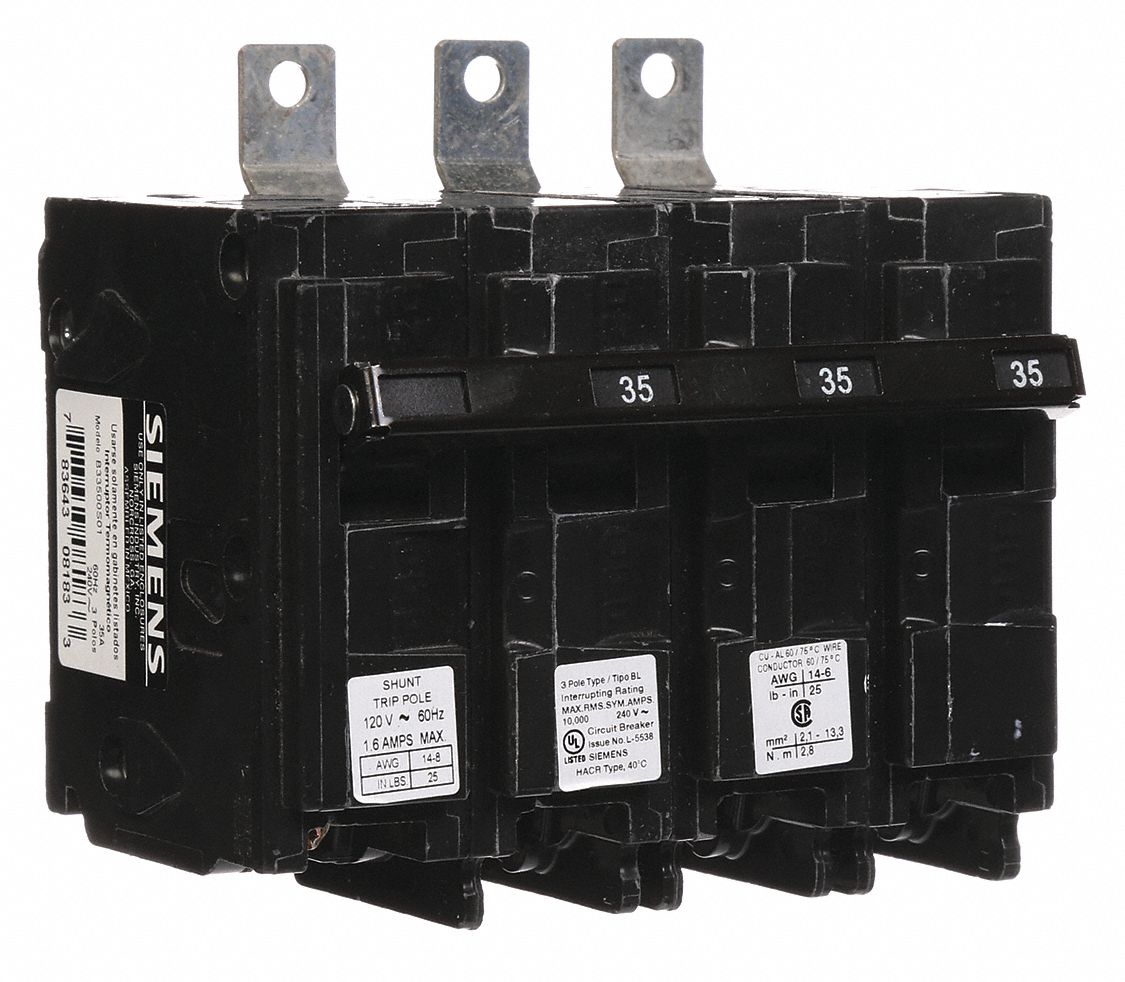 Miniature Circuit Breaker: 35 A Amps, 120/240V AC, 3 Poles, Shunt Trip