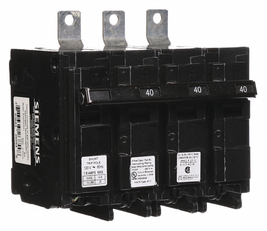 Miniature Circuit Breaker: 40 A Amps, 120/240V AC, 3 Poles, Shunt Trip