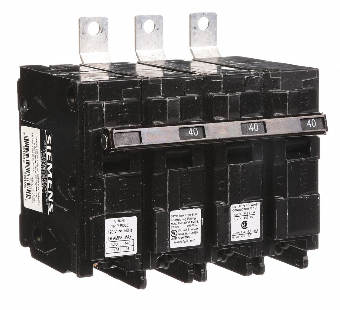 Miniature Circuit Breaker: 40 A Amps, 120/240V AC, 3 Poles, Shunt Trip