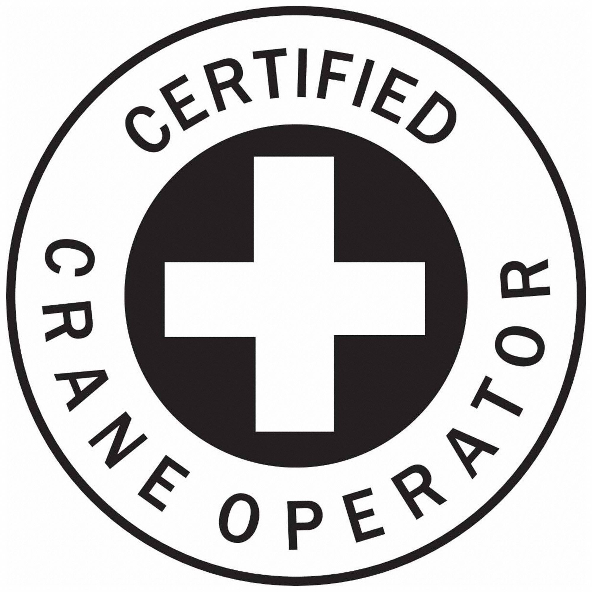 HARD HAT LABEL, CERTIFIED CRANE OPERATOR, 2 IN DIA, ENGLISH, NON-REFLECTIVE, 4 LABELS, CIRCLE, STANDARD, BLACK/WHITE