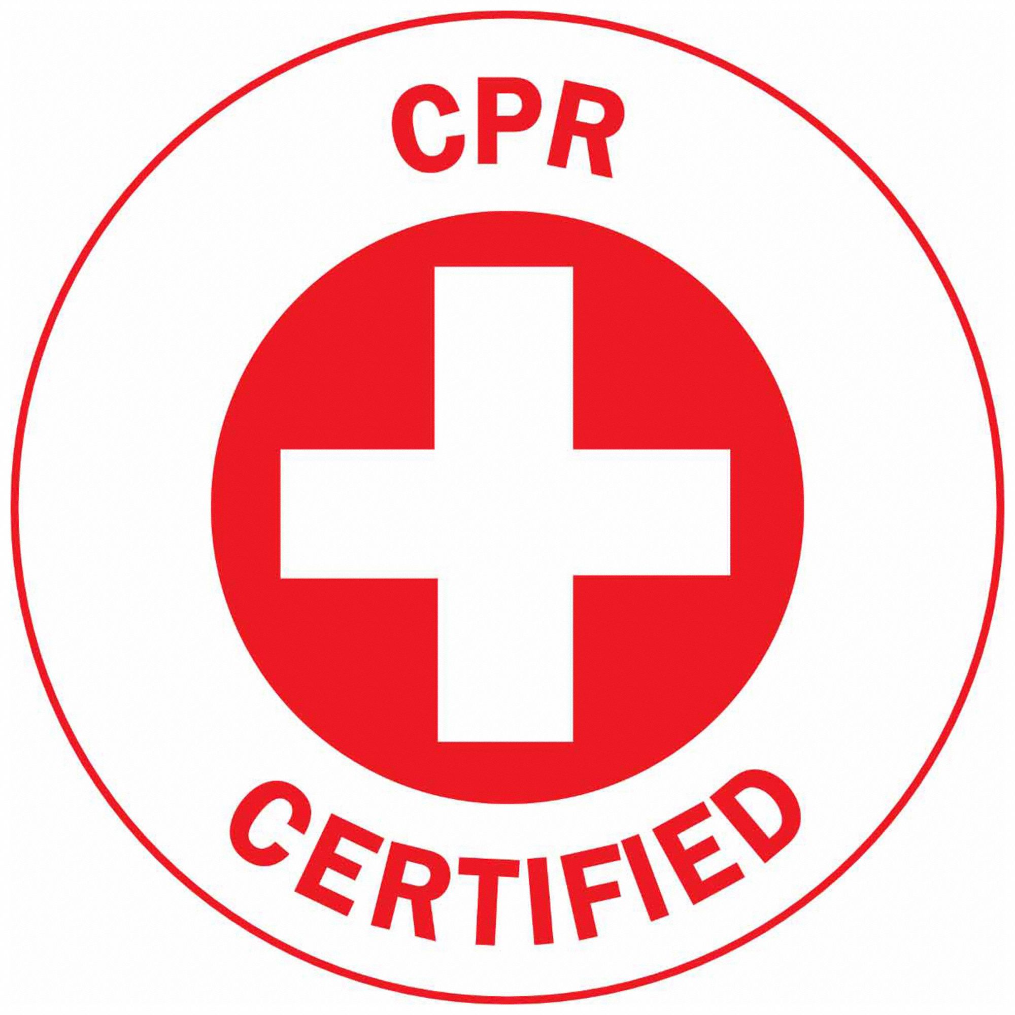 HARD HAT LABEL, CPR CERTIFIED, 2 IN DIAMETER, ENGLISH, NON-REFLECTIVE, 4 LABELS, STANDARD, RED/WHITE, 4 PK