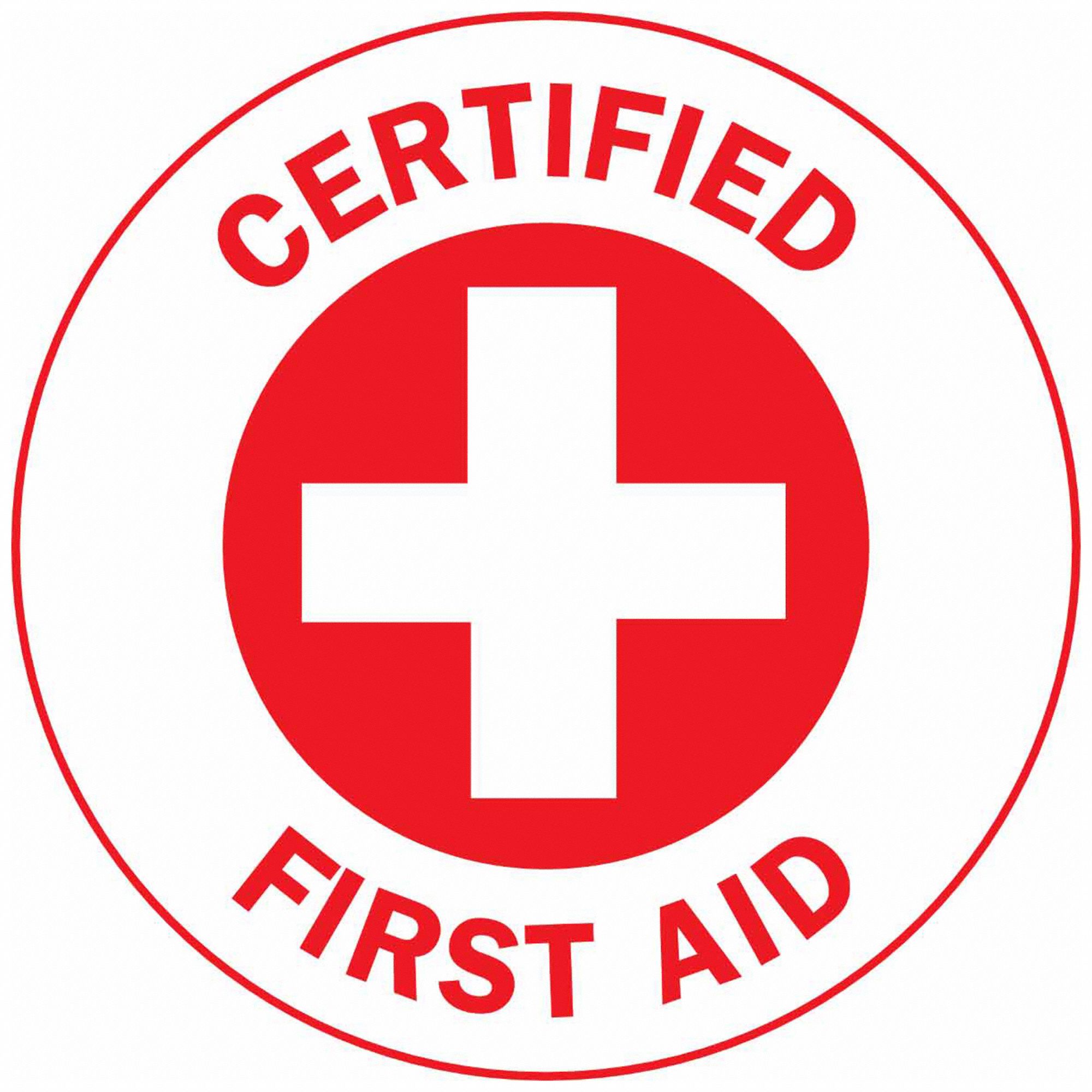 HARD HAT LABEL, CERTIFIED FIRST AID, 2 IN DIAMETER, ENGLISH, NON-REFLECTIVE, 4 PK