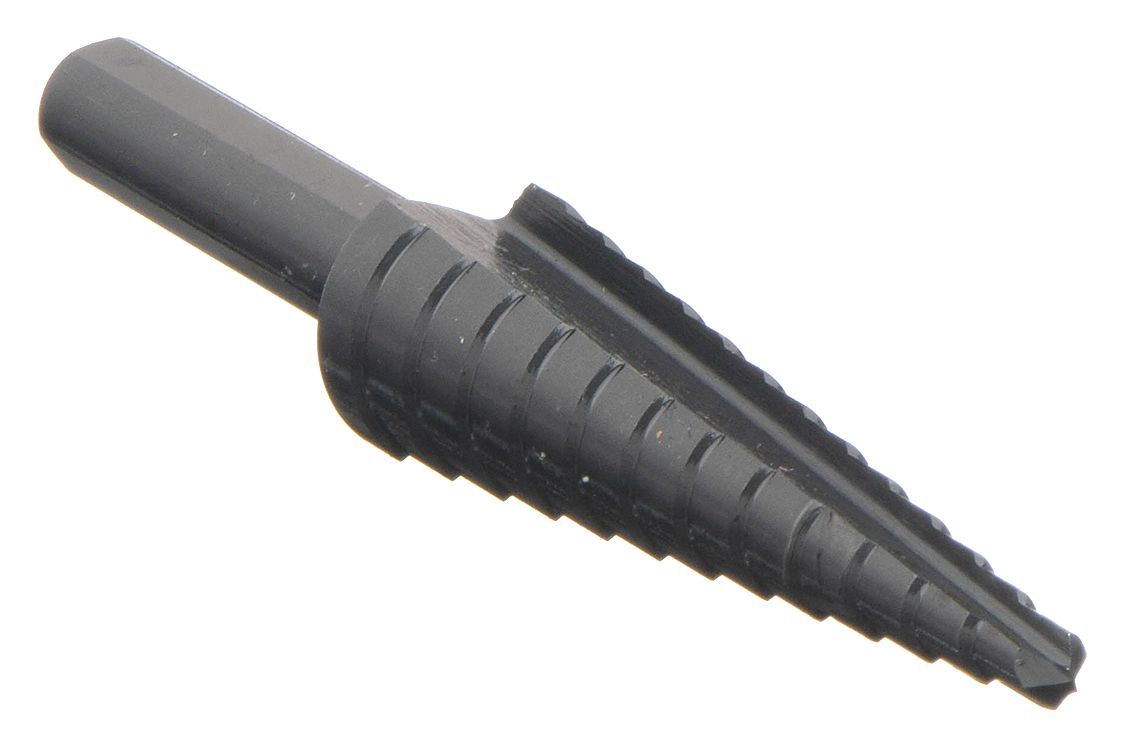Step Drill Bit: 1/8" to 1/2", Black Oxide HSS, 3-Flats Shank