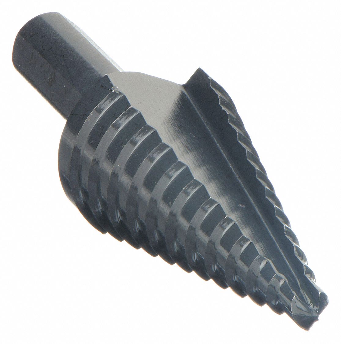 Step Drill Bit: 3/16" to 7/8", Black Oxide HSS, 3-Flats Shank