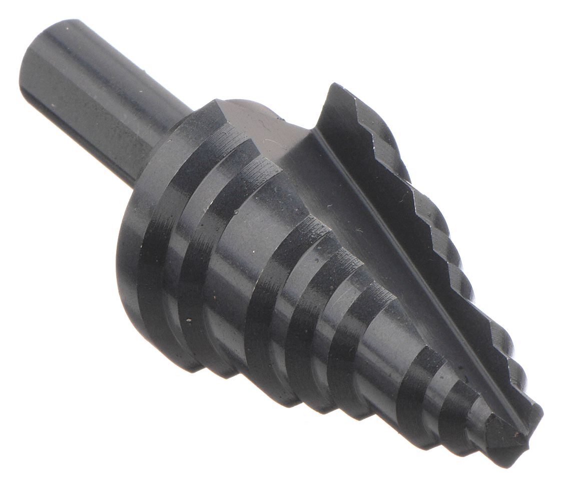 Step Drill Bit: 1/2" to 1-1/8", Black Oxide HSS, 3-Flats Shank