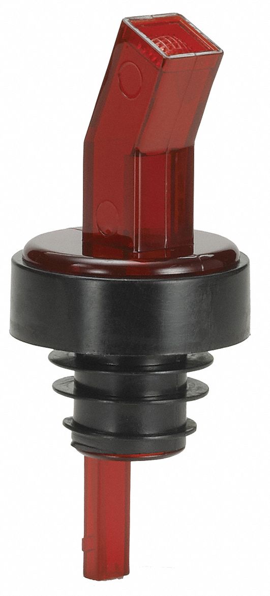 Liquor Pourer: Red, Plastic, 3 1/4 in Overall Ht, 1 in Overall Dia