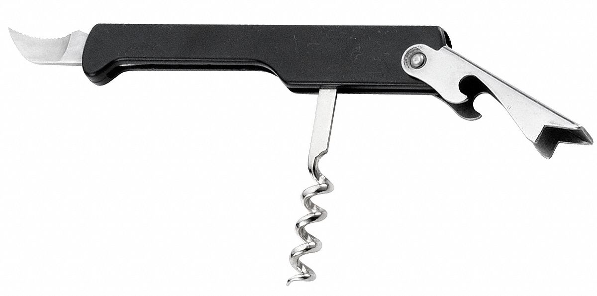 Corkscrew: Plastic, Black/Silver, 4 1/2 in Overall Lg, 1 in Overall Wd