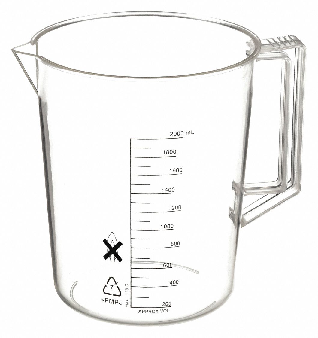 Beaker: Low Form with Handle, 2 L Capacity - mL, 67.63 fl oz Capacity - oz, 174 mm Outside Dia